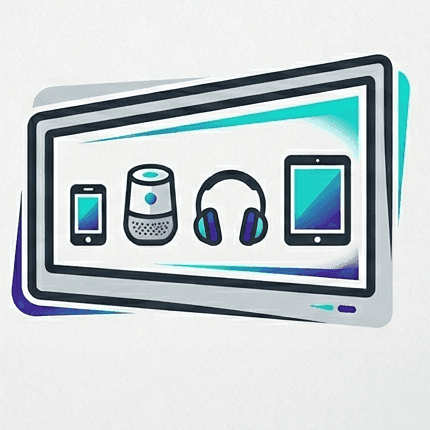 Iconos de un teléfono, altavoz inteligente, audífonos y tableta dentro de una pantalla